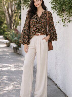 Olivia James NWOT floral crisp cotton bell sleeve blouse Cottagecore Sz S